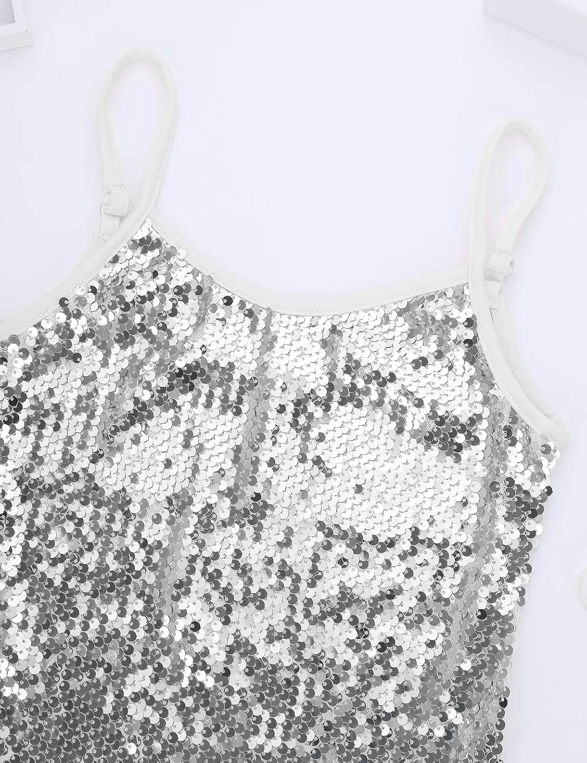 JEATHA Kids Girls Shiny Sequins Sleeveless Tank Top Stage Performance Camisole Shirts Dancewear