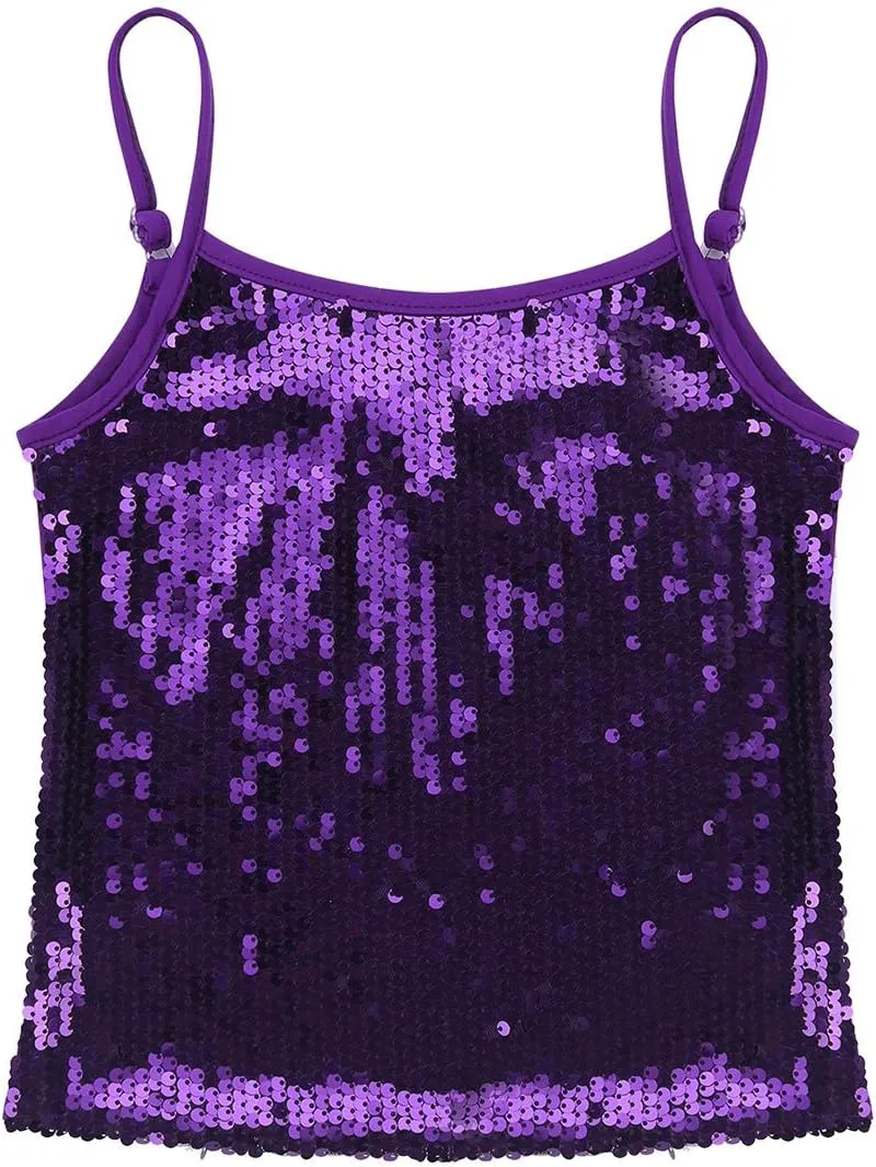 JEATHA Kids Girls Shiny Sequins Sleeveless Tank Top Stage Performance Camisole Shirts Dancewear