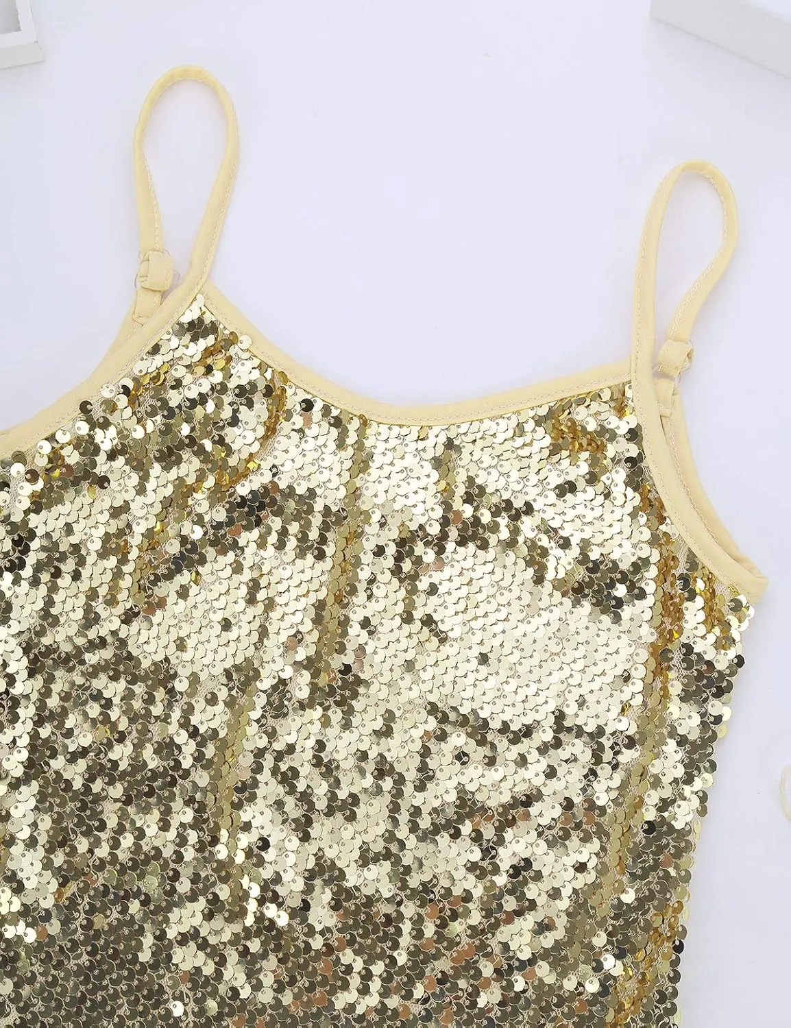 JEATHA Kids Girls Shiny Sequins Sleeveless Tank Top Stage Performance Camisole Shirts Dancewear