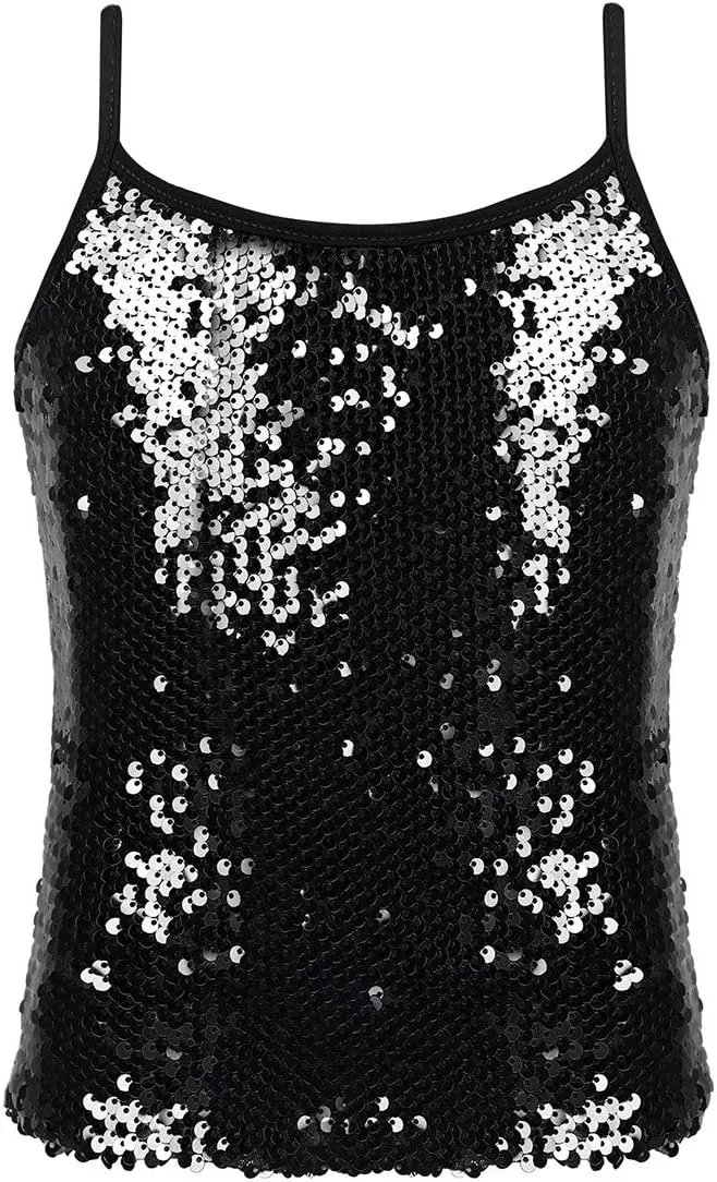 JEATHA Kids Girls Shiny Sequins Sleeveless Tank Top Stage Performance Camisole Shirts Dancewear