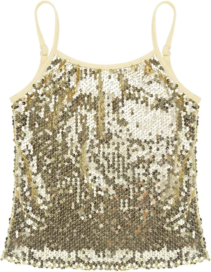 JEATHA Kids Girls Shiny Sequins Sleeveless Tank Top Stage Performance Camisole Shirts Dancewear