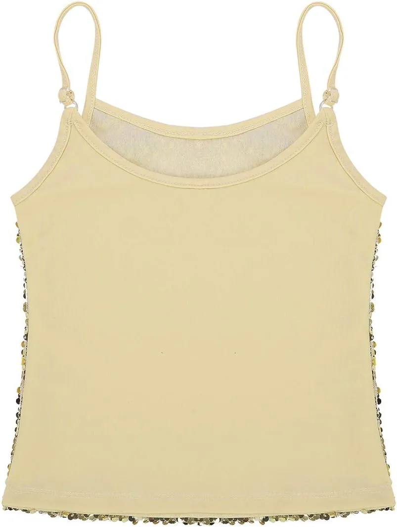 JEATHA Kids Girls Shiny Sequins Sleeveless Tank Top Stage Performance Camisole Shirts Dancewear