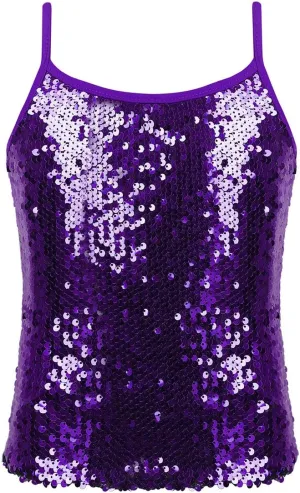 JEATHA Kids Girls Shiny Sequins Sleeveless Tank Top Stage Performance Camisole Shirts Dancewear