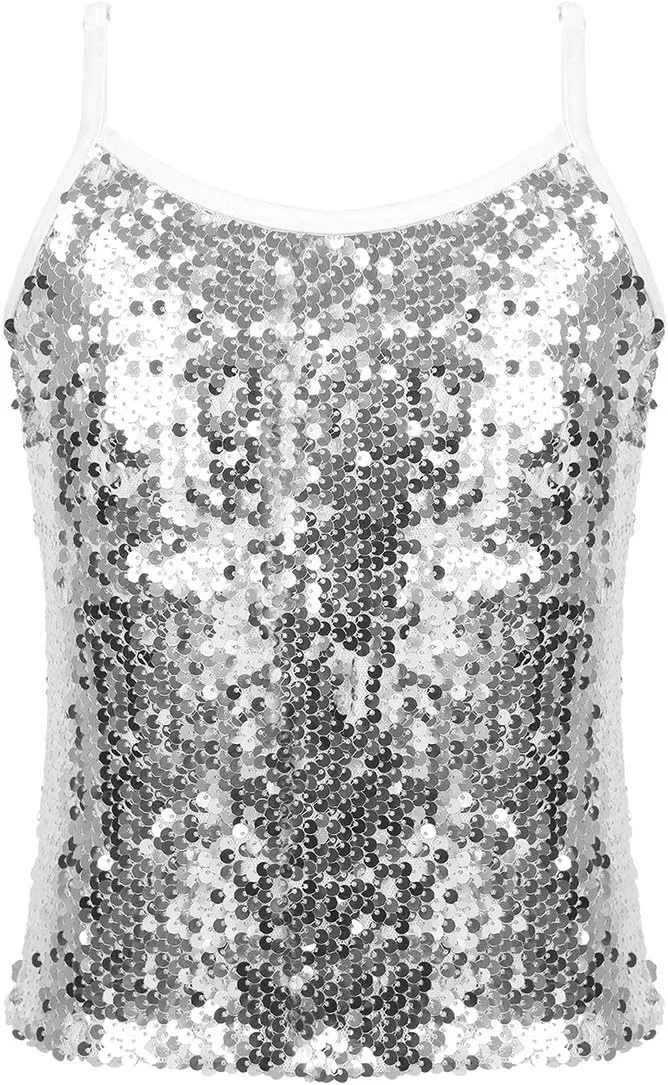 JEATHA Kids Girls Shiny Sequins Sleeveless Tank Top Stage Performance Camisole Shirts Dancewear
