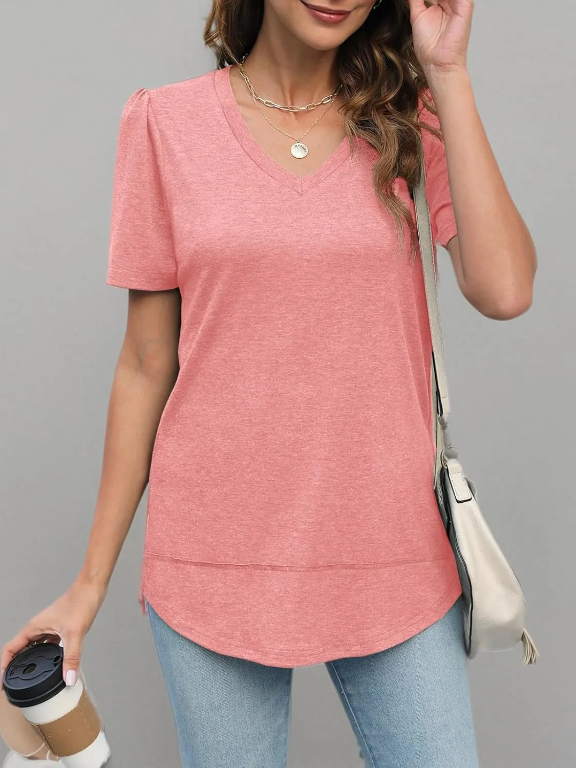 JomeDesign Summer Tops for Women Short Sleeve V Neck Shirts Side Split Loose Casual Tunic Tops
