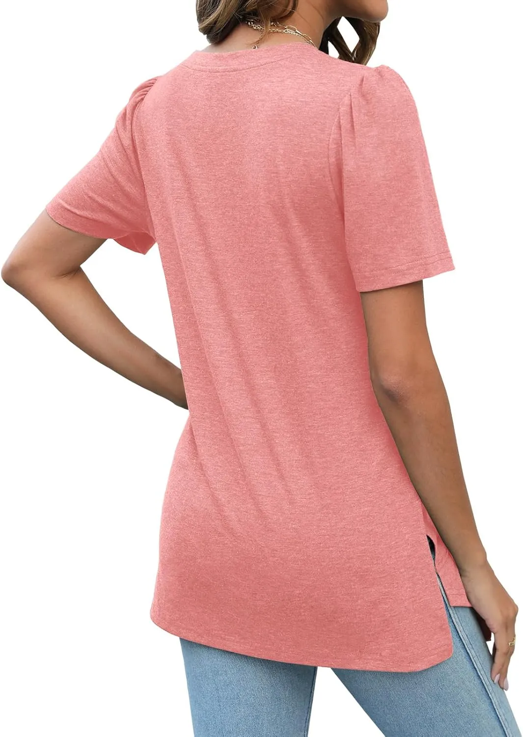 JomeDesign Summer Tops for Women Short Sleeve V Neck Shirts Side Split Loose Casual Tunic Tops