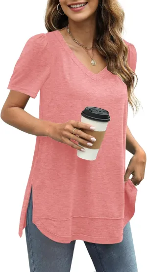 JomeDesign Summer Tops for Women Short Sleeve V Neck Shirts Side Split Loose Casual Tunic Tops