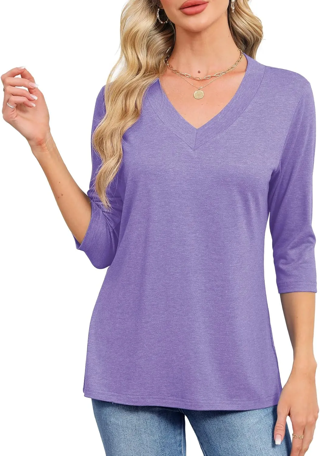 JomeDesign Womens Tops 3/4 Length Sleeve Summer V Neck Shirts Casual Tunic Tops 2025