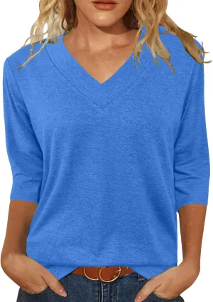 JomeDesign Womens Tops 3/4 Length Sleeve Summer V Neck Shirts Casual Tunic Tops 2025