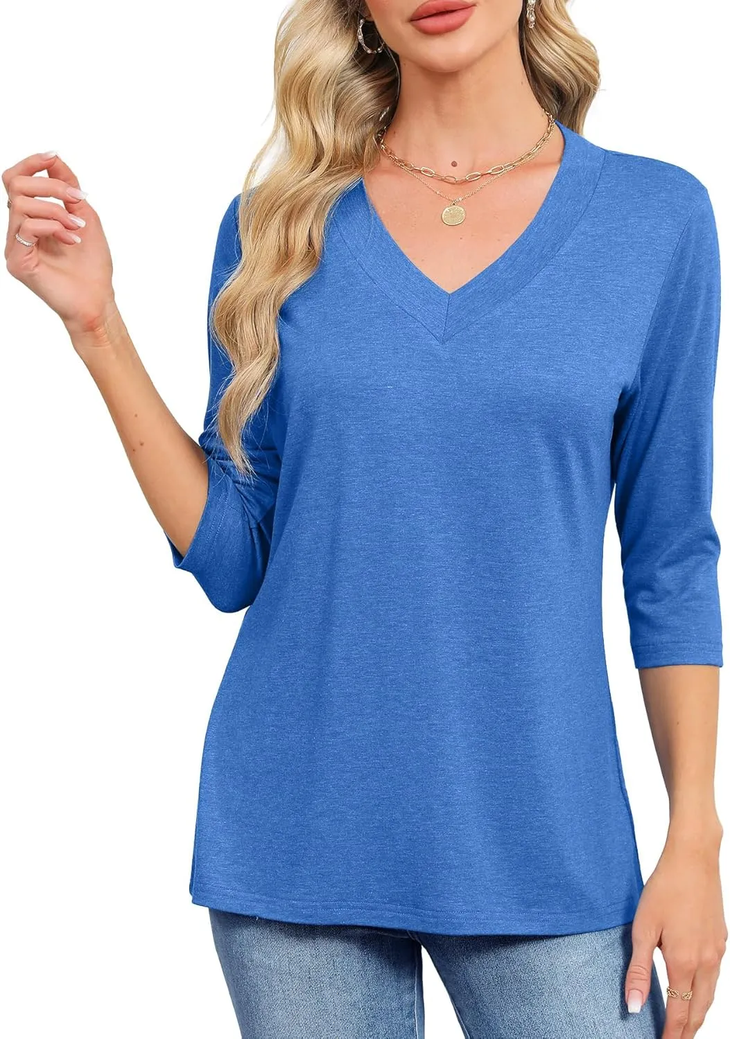 JomeDesign Womens Tops 3/4 Length Sleeve Summer V Neck Shirts Casual Tunic Tops 2025