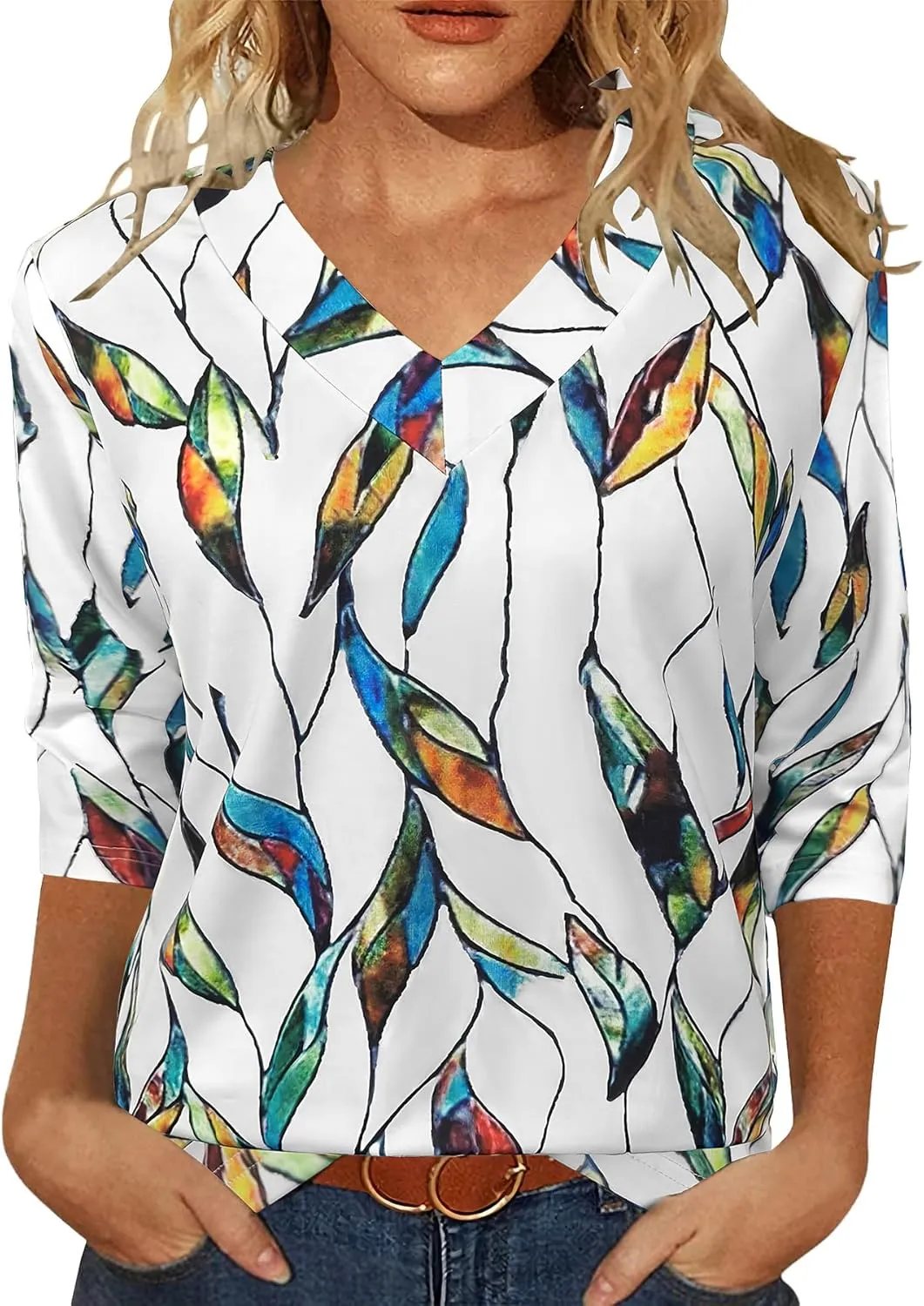 JomeDesign Womens Tops 3/4 Length Sleeve Summer V Neck Shirts Casual Tunic Tops 2025