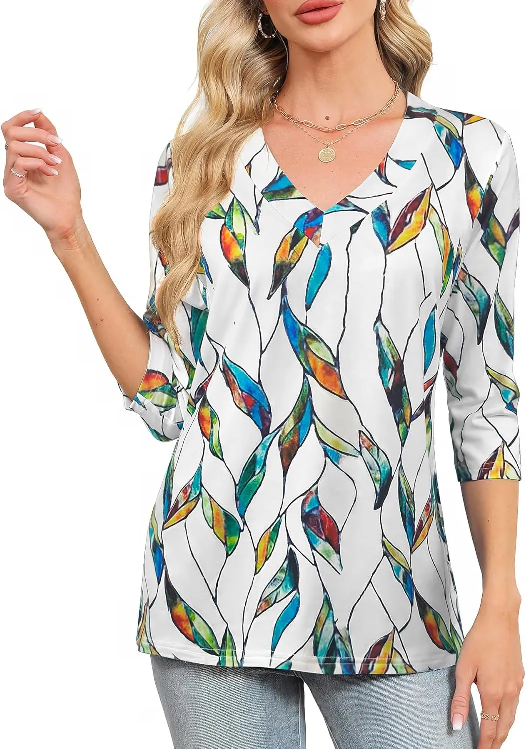 JomeDesign Womens Tops 3/4 Length Sleeve Summer V Neck Shirts Casual Tunic Tops 2025