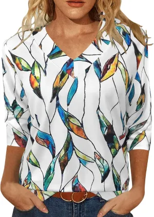 JomeDesign Womens Tops 3/4 Length Sleeve Summer V Neck Shirts Casual Tunic Tops 2025
