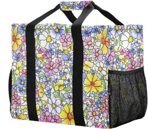 JUNZAN Colorful Florals Utility Tote Bag For Women Foldable Beach Totes Bags Waterproof Grocery Bags Reusable with Handles Car Tote