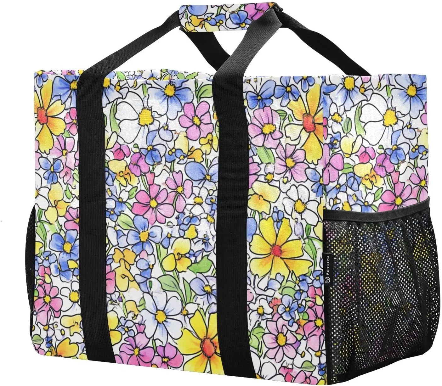 JUNZAN Colorful Florals Utility Tote Bag For Women Foldable Beach Totes Bags Waterproof Grocery Bags Reusable with Handles Car Tote