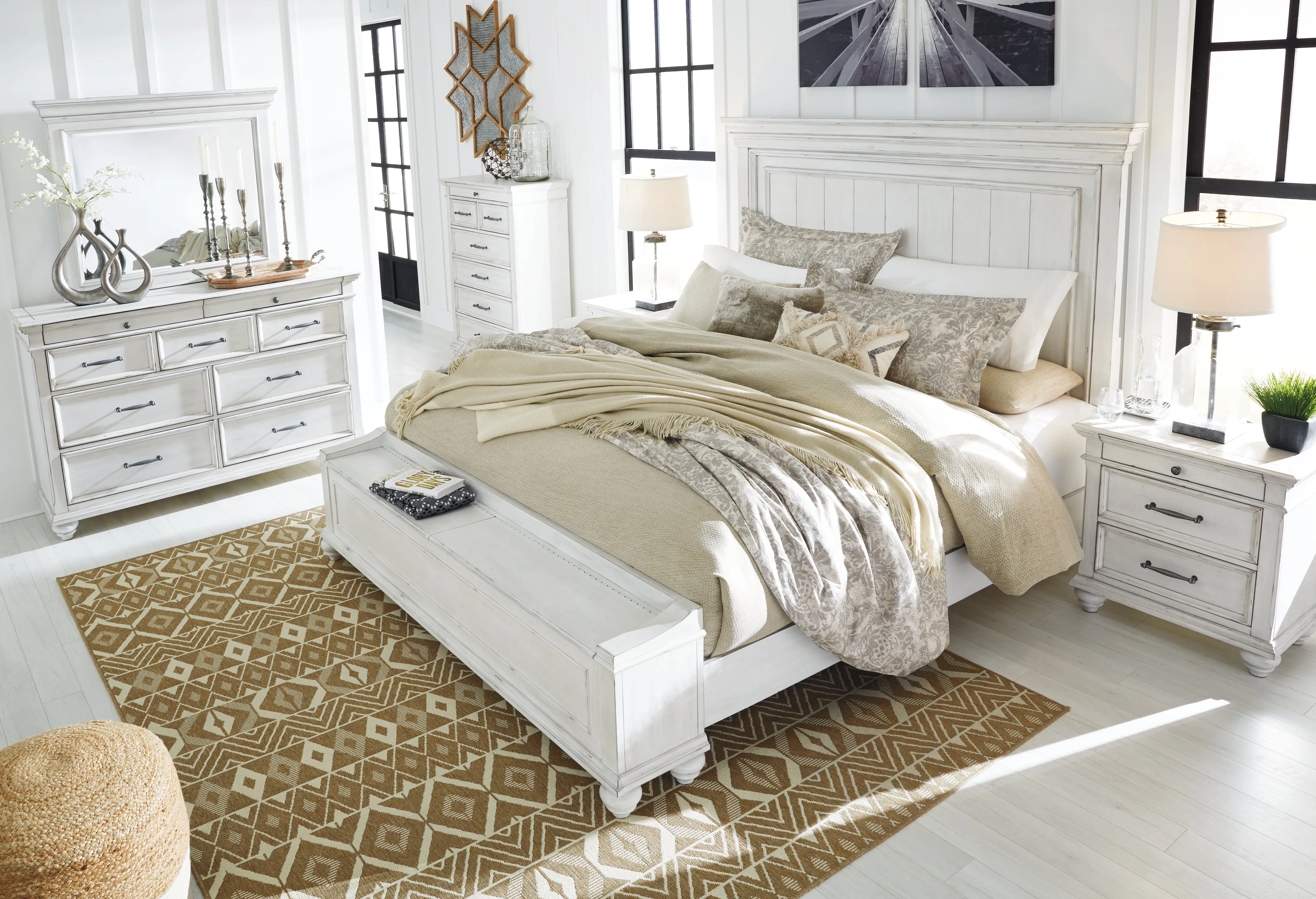 Kanwyn Queen Panel Bed with Storage with Mirrored Dresser, Chest and 2 Nightstands in Whitewash