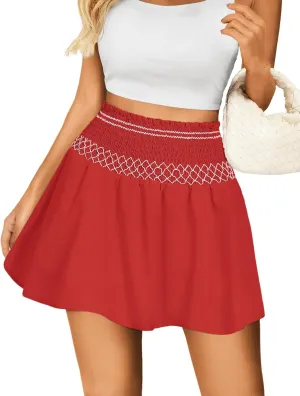 Kate Kasin Women's High Waist Mini Skirt with Shorts Ruffles A Line Swing Pleated Skater Smocked Elastic Waistband Skort