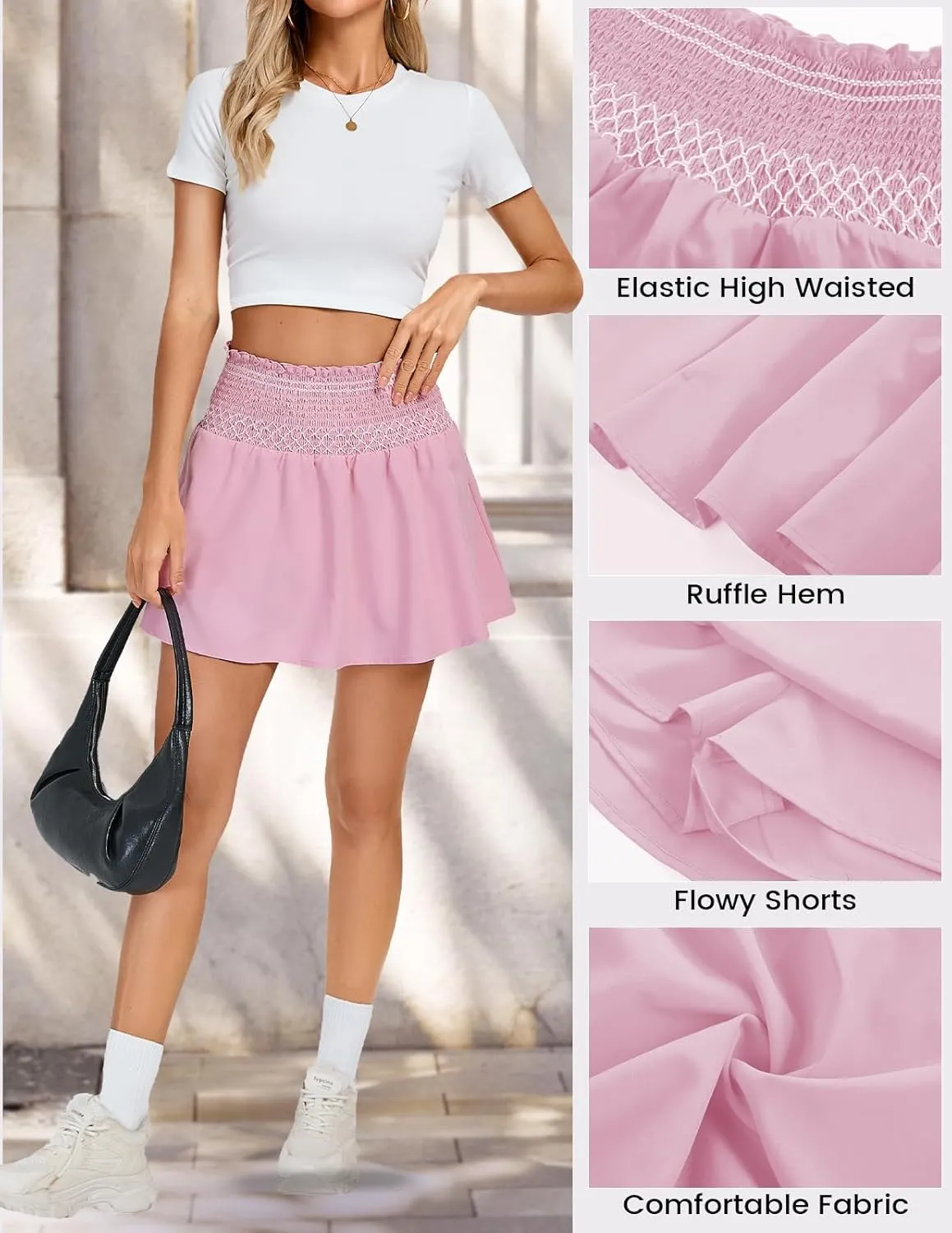 Kate Kasin Women's High Waist Mini Skirt with Shorts Ruffles A Line Swing Pleated Skater Smocked Elastic Waistband Skort
