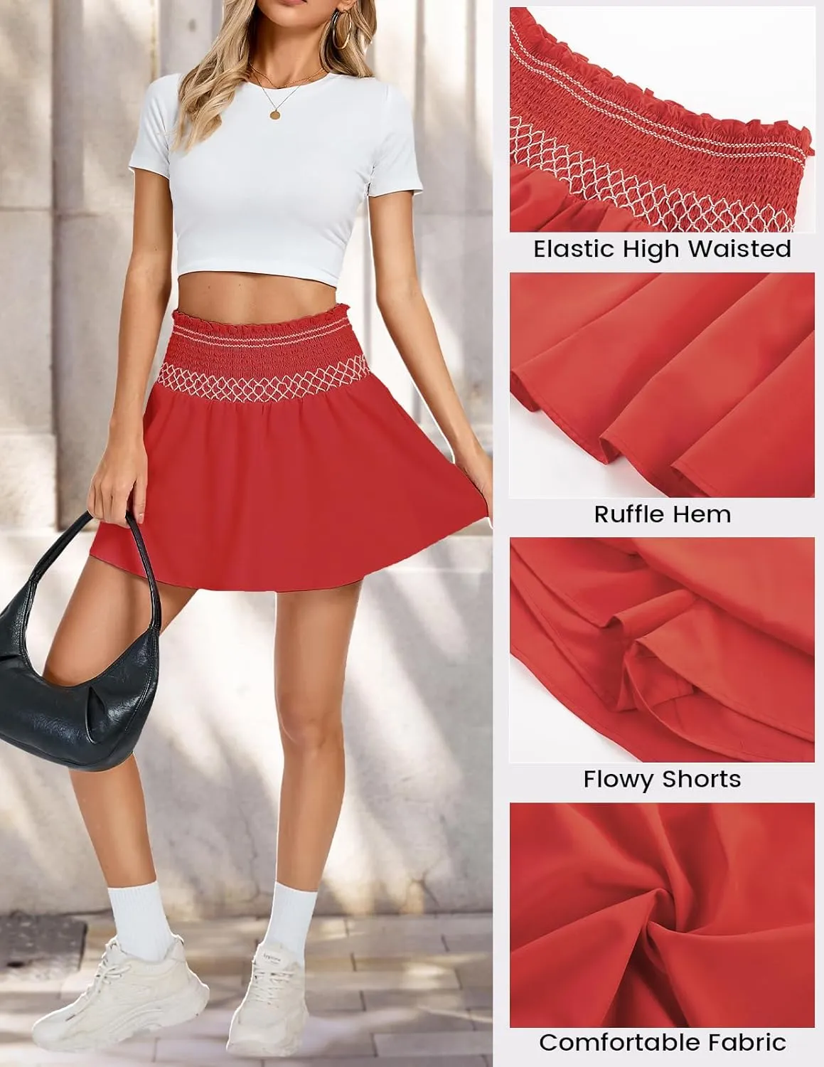 Kate Kasin Women's High Waist Mini Skirt with Shorts Ruffles A Line Swing Pleated Skater Smocked Elastic Waistband Skort