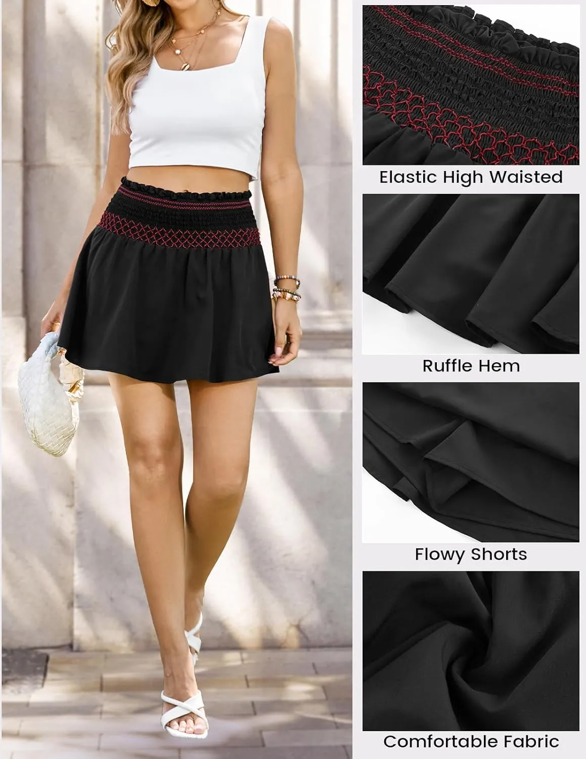 Kate Kasin Women's High Waist Mini Skirt with Shorts Ruffles A Line Swing Pleated Skater Smocked Elastic Waistband Skort