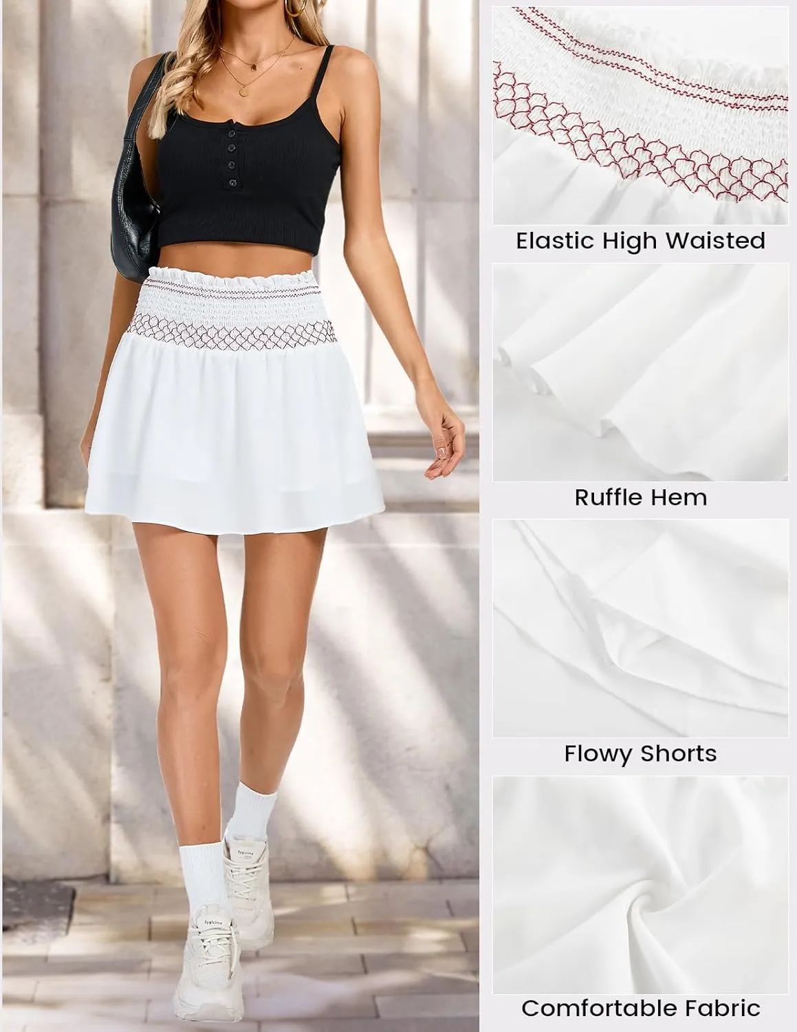 Kate Kasin Women's High Waist Mini Skirt with Shorts Ruffles A Line Swing Pleated Skater Smocked Elastic Waistband Skort