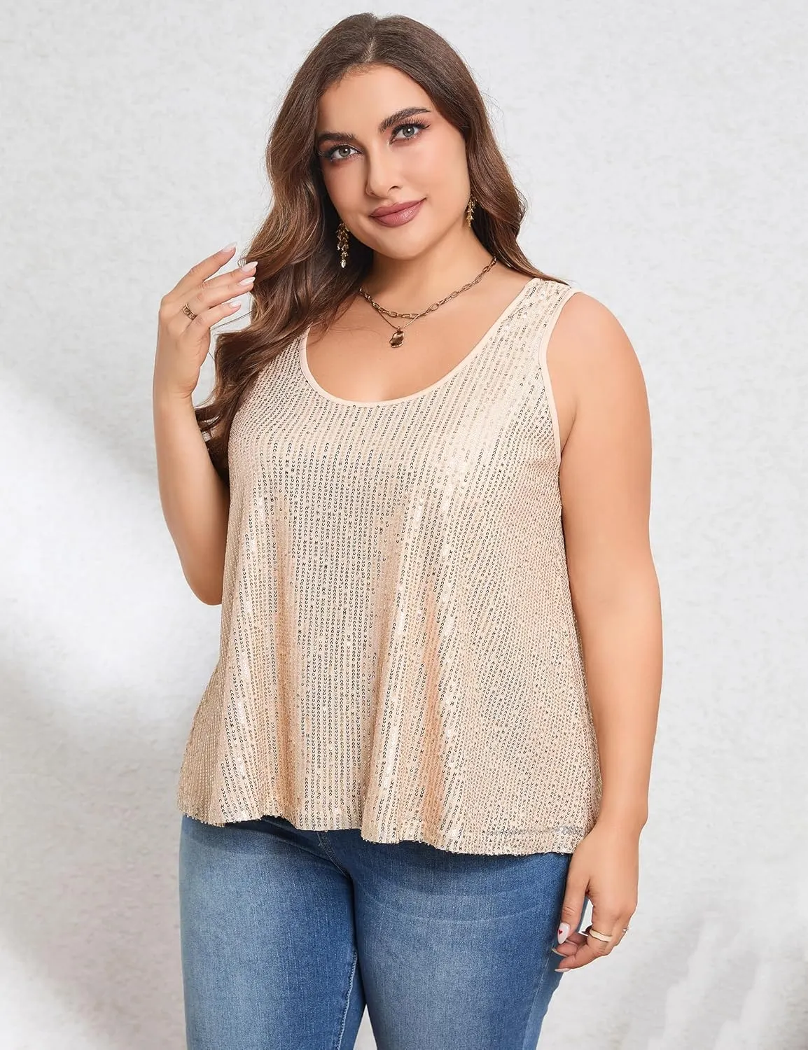 KOJOOIN Sequin Tops Plus Size Glitter Tank Top Sleeveless Sparkle Shimmer Shirt Tops Camisole Vest