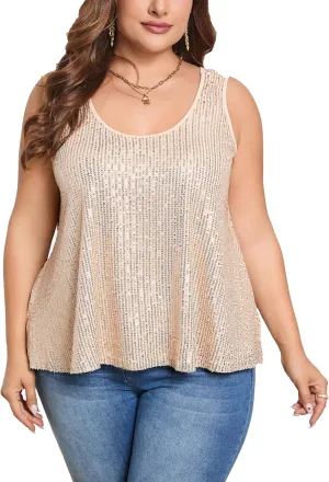 KOJOOIN Sequin Tops Plus Size Glitter Tank Top Sleeveless Sparkle Shimmer Shirt Tops Camisole Vest