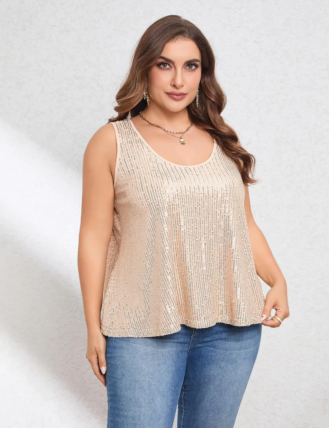 KOJOOIN Sequin Tops Plus Size Glitter Tank Top Sleeveless Sparkle Shimmer Shirt Tops Camisole Vest