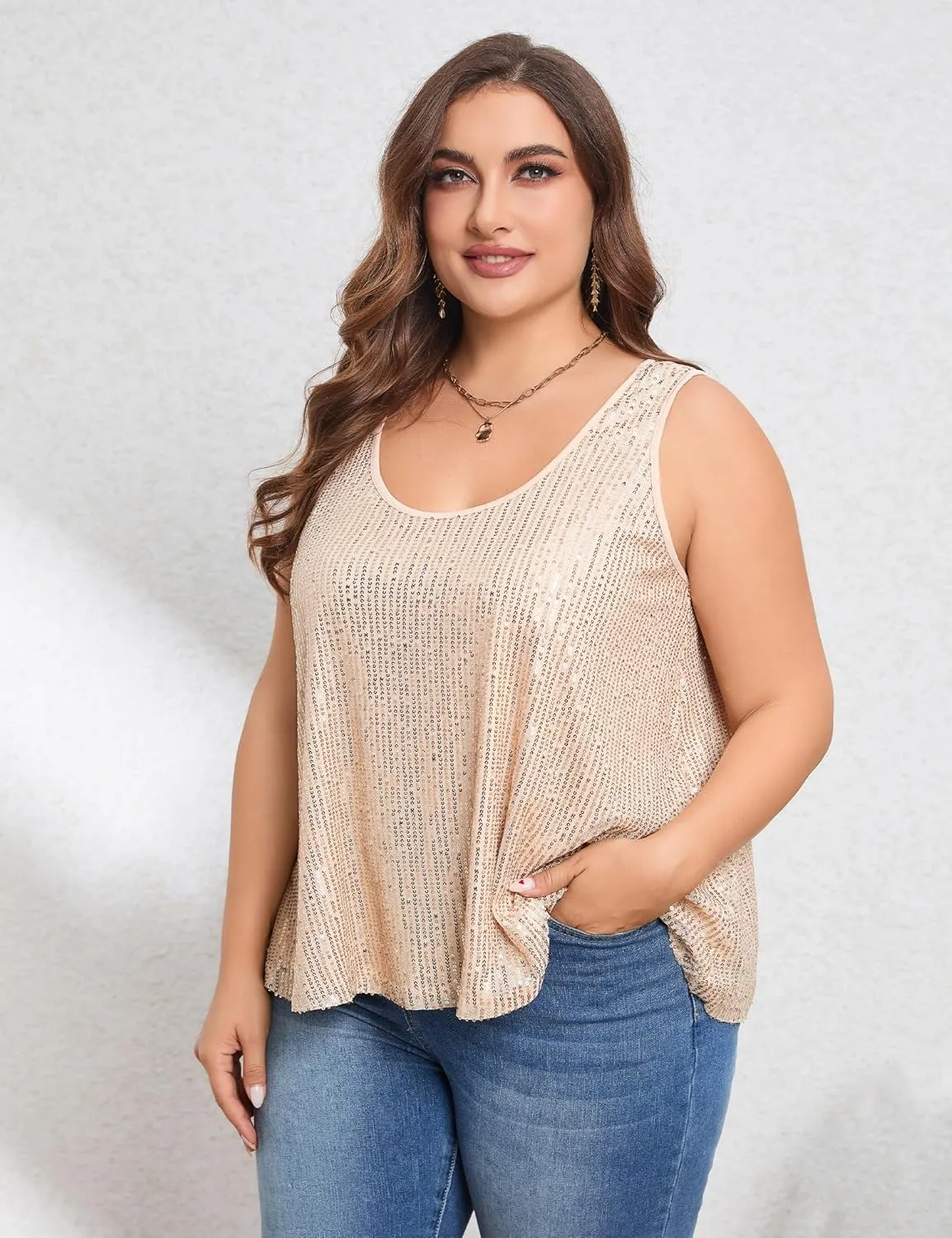 KOJOOIN Sequin Tops Plus Size Glitter Tank Top Sleeveless Sparkle Shimmer Shirt Tops Camisole Vest