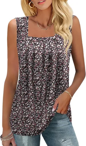KTILG Summer Sleeveless Square Neck Tops Flowy Pleated Tunic Tank Tops for Women Loose Fit S-3XL