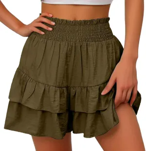 Kubbon Womens Flowy Shorts Smocked High Waisted Wide Leg Shorts Casual Loose Tiered Beach Skorts Summer Vacation Outfits