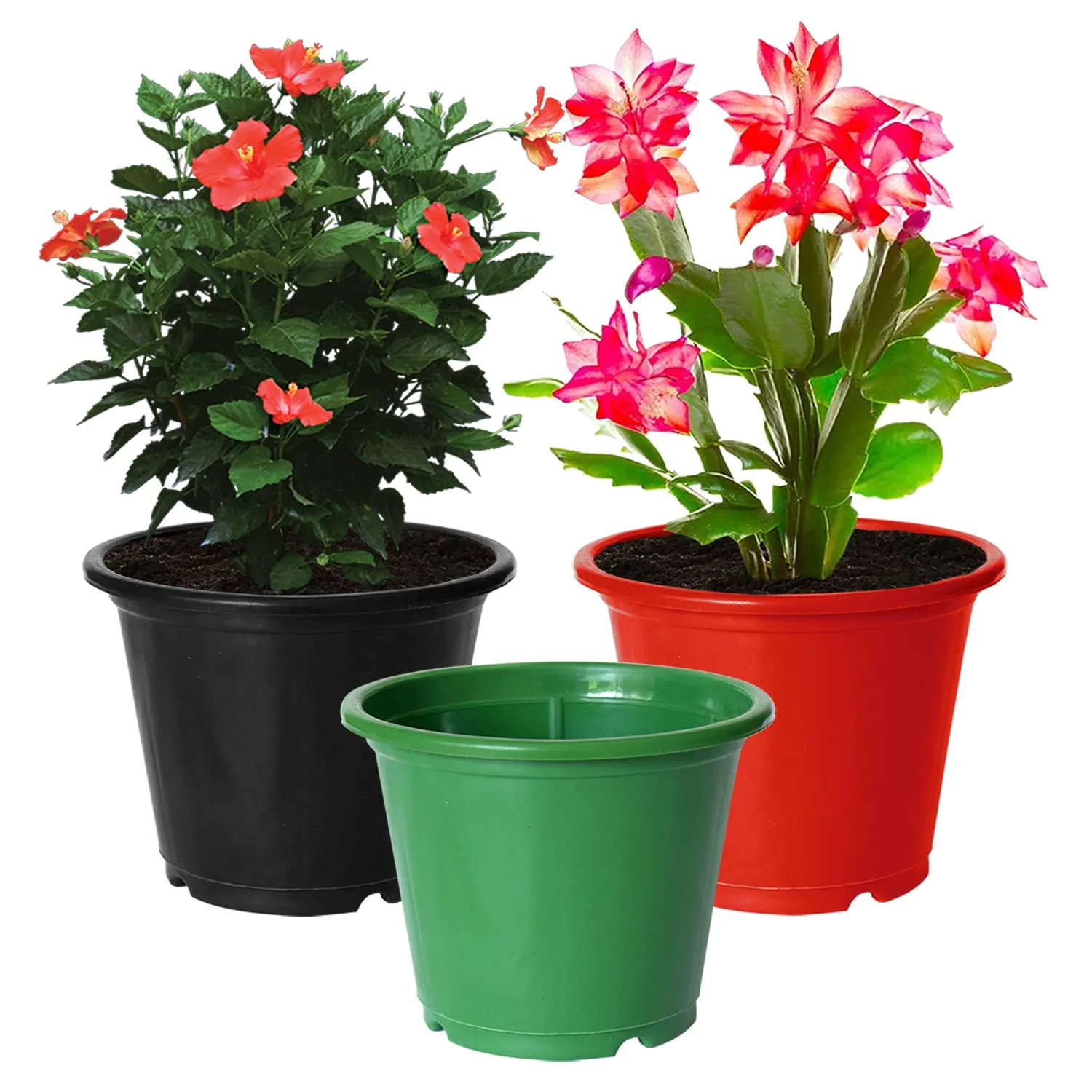 Kuber Industries Durable Plastic Flower Pot|Gamla for Indoor Home Decor & Outdoor Balcony,Garden,6"x5",Pack of 3 (Green,Red,Black)