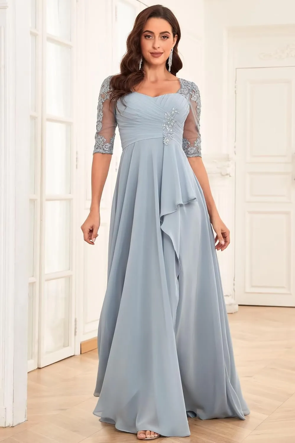 Lace Chiffon Mother of The Bride Dresses for Wedding Long Ruffle Half Sleeve Formal Evening Dress with Slit