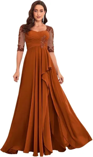 Lace Chiffon Mother of The Bride Dresses for Wedding Long Ruffle Half Sleeve Formal Evening Dress with Slit