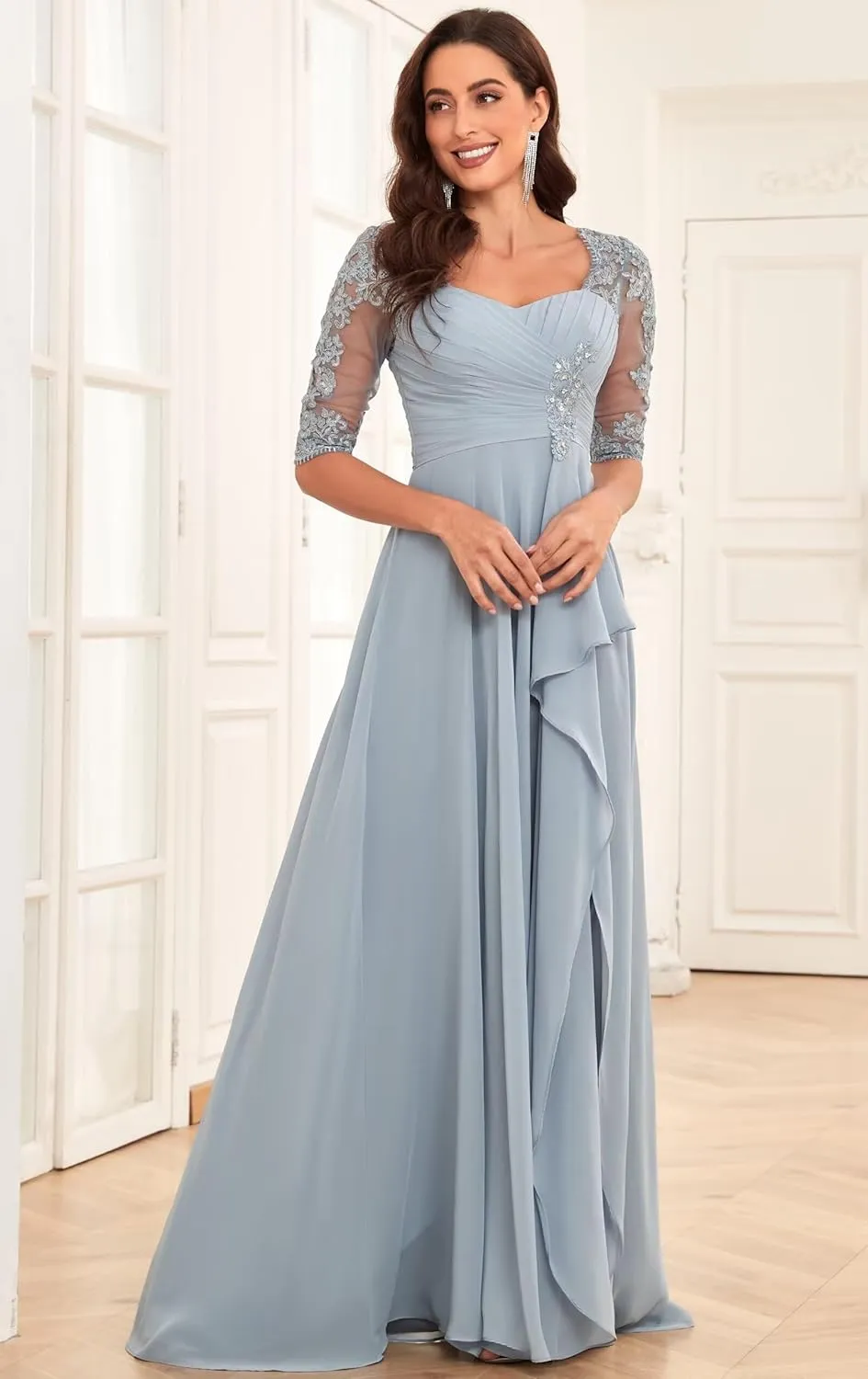 Lace Chiffon Mother of The Bride Dresses for Wedding Long Ruffle Half Sleeve Formal Evening Dress with Slit