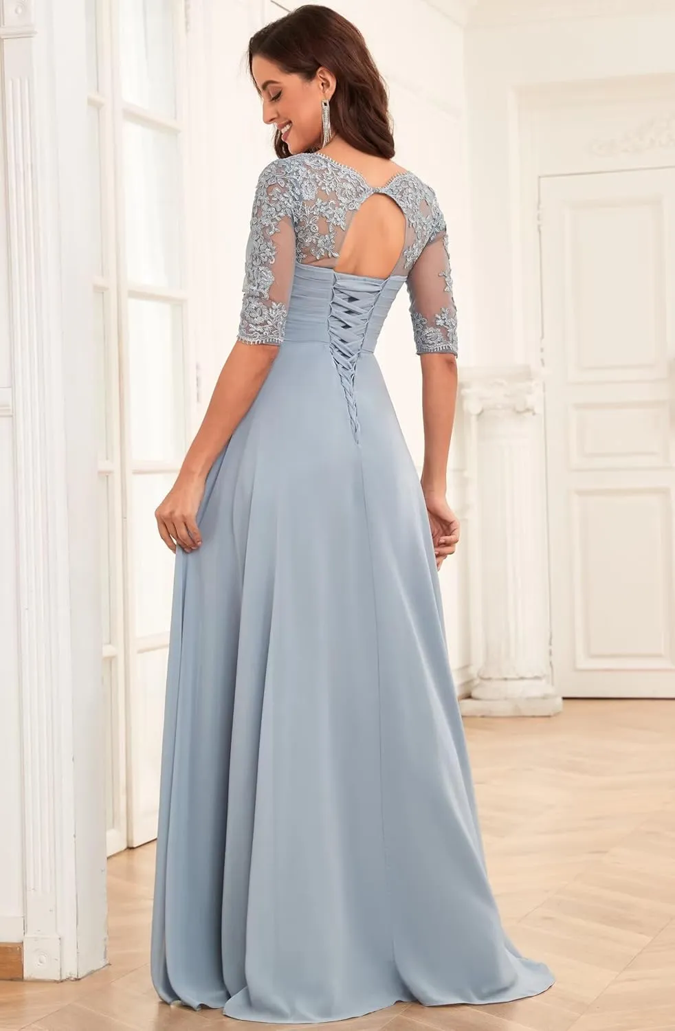 Lace Chiffon Mother of The Bride Dresses for Wedding Long Ruffle Half Sleeve Formal Evening Dress with Slit