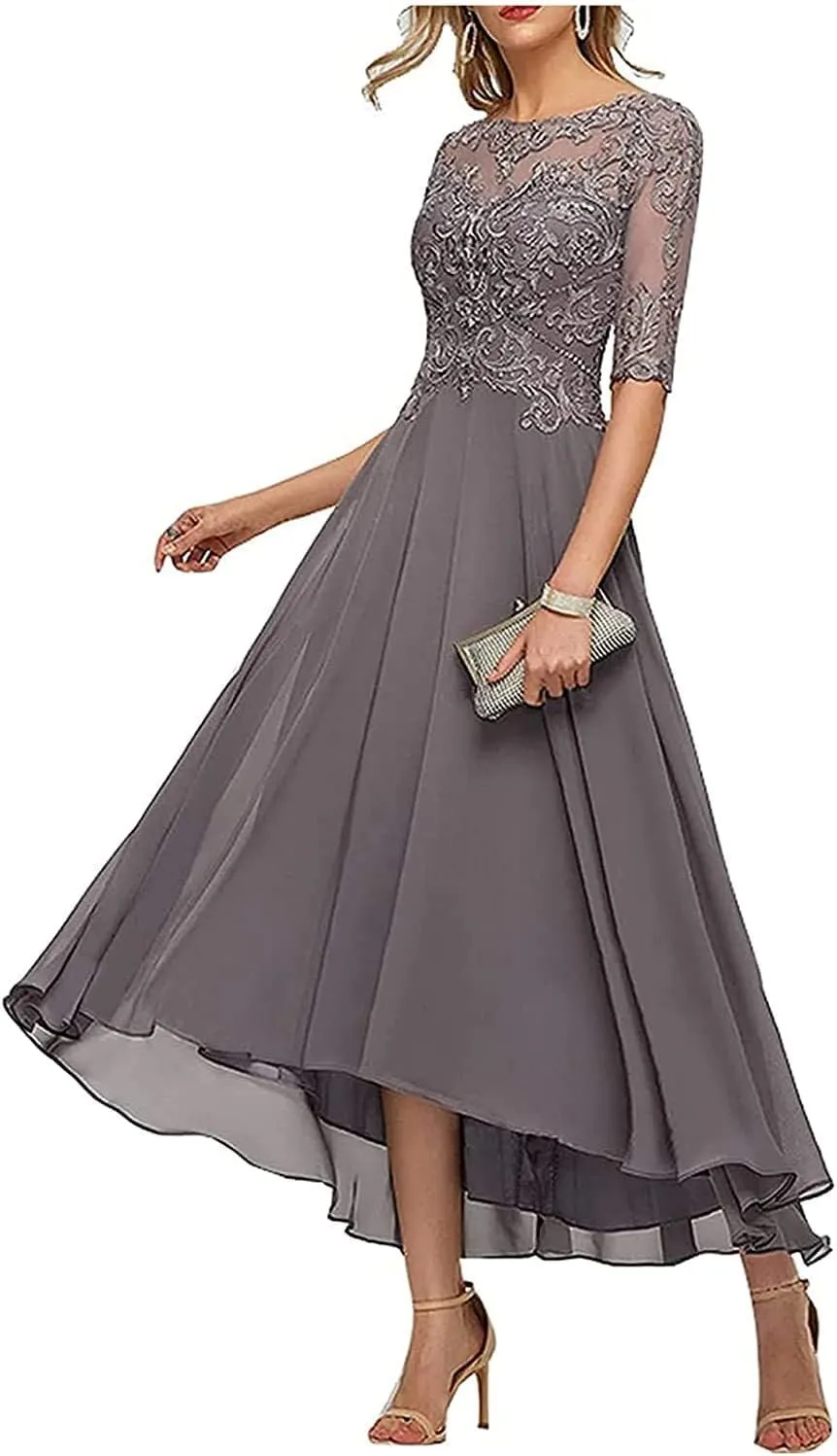 Lace Chiffon Mother of The Bride Dresses for Wedding Tea Length Formal Evening Gowns with Sleeves A line Tea Length