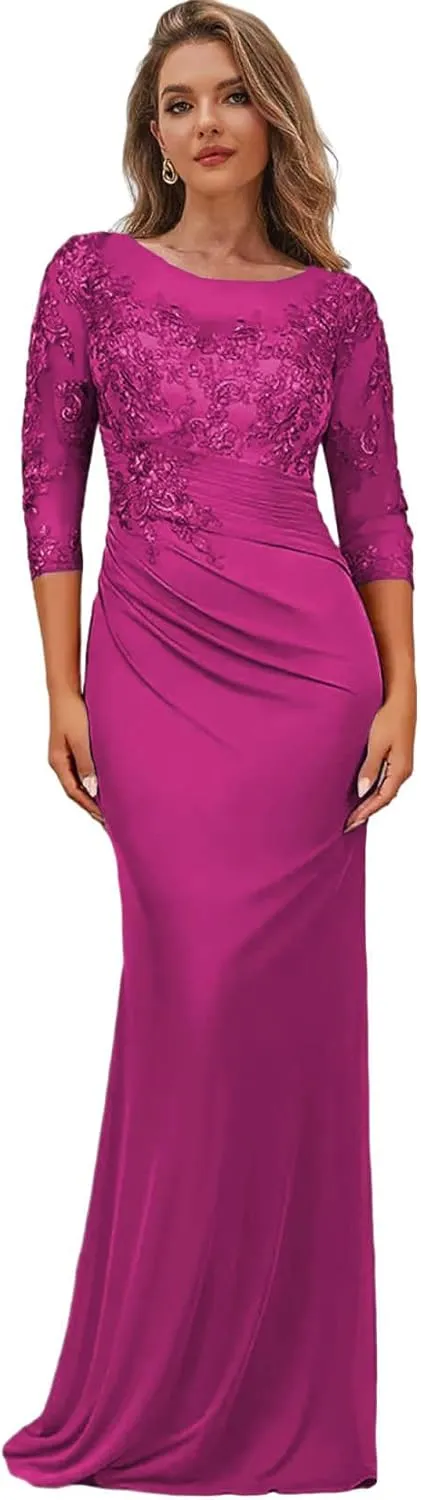 Lace Mother of The Bride Dresses with Sleeves Mermaid Evening Dress for Women Chiffon Formal Gown
