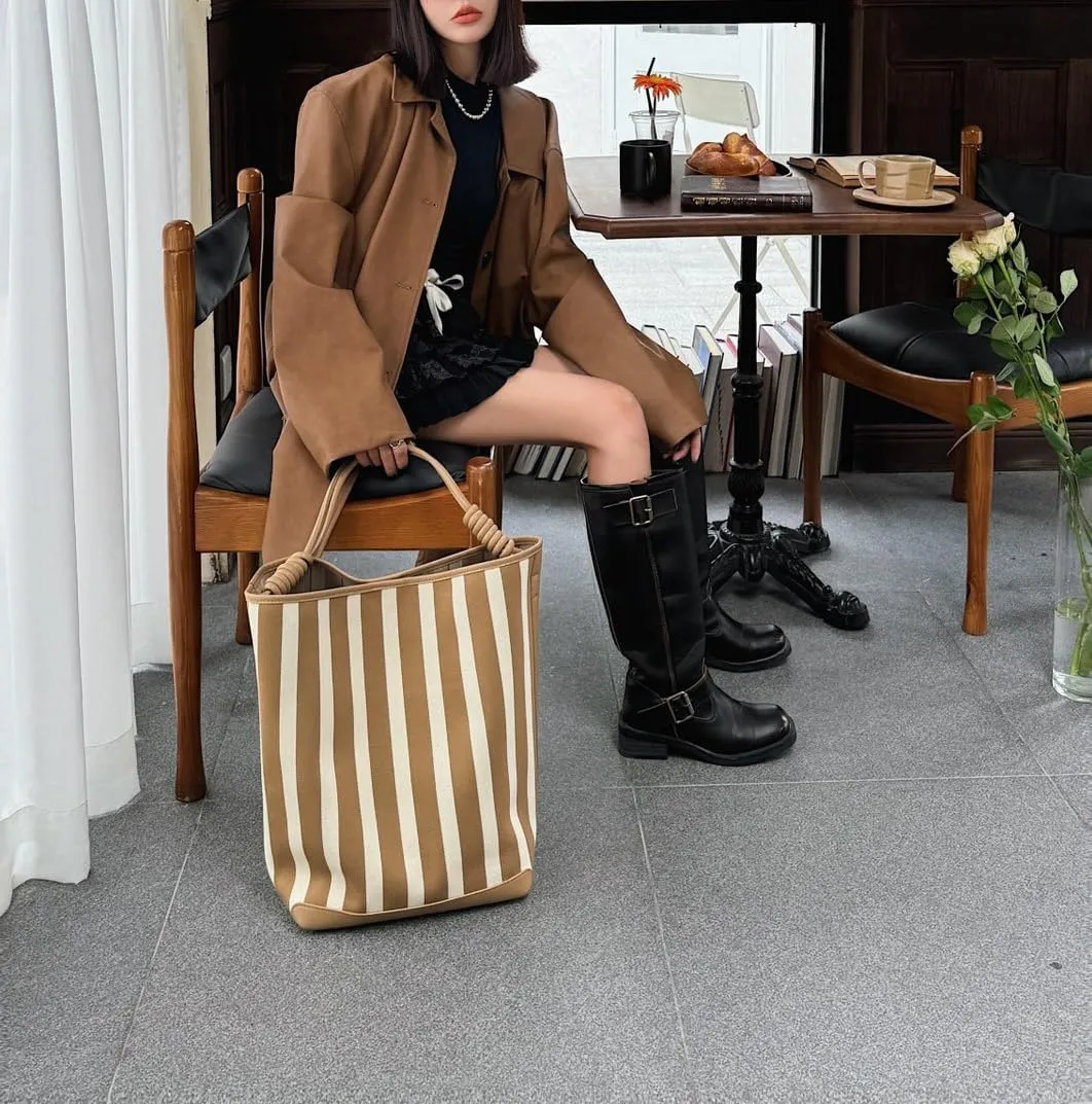 Leather Women's Bag Striped Totes Summer Canvas Cowhide Fashion Large Capacity Shoulder Bucket Bag Vacation Casual