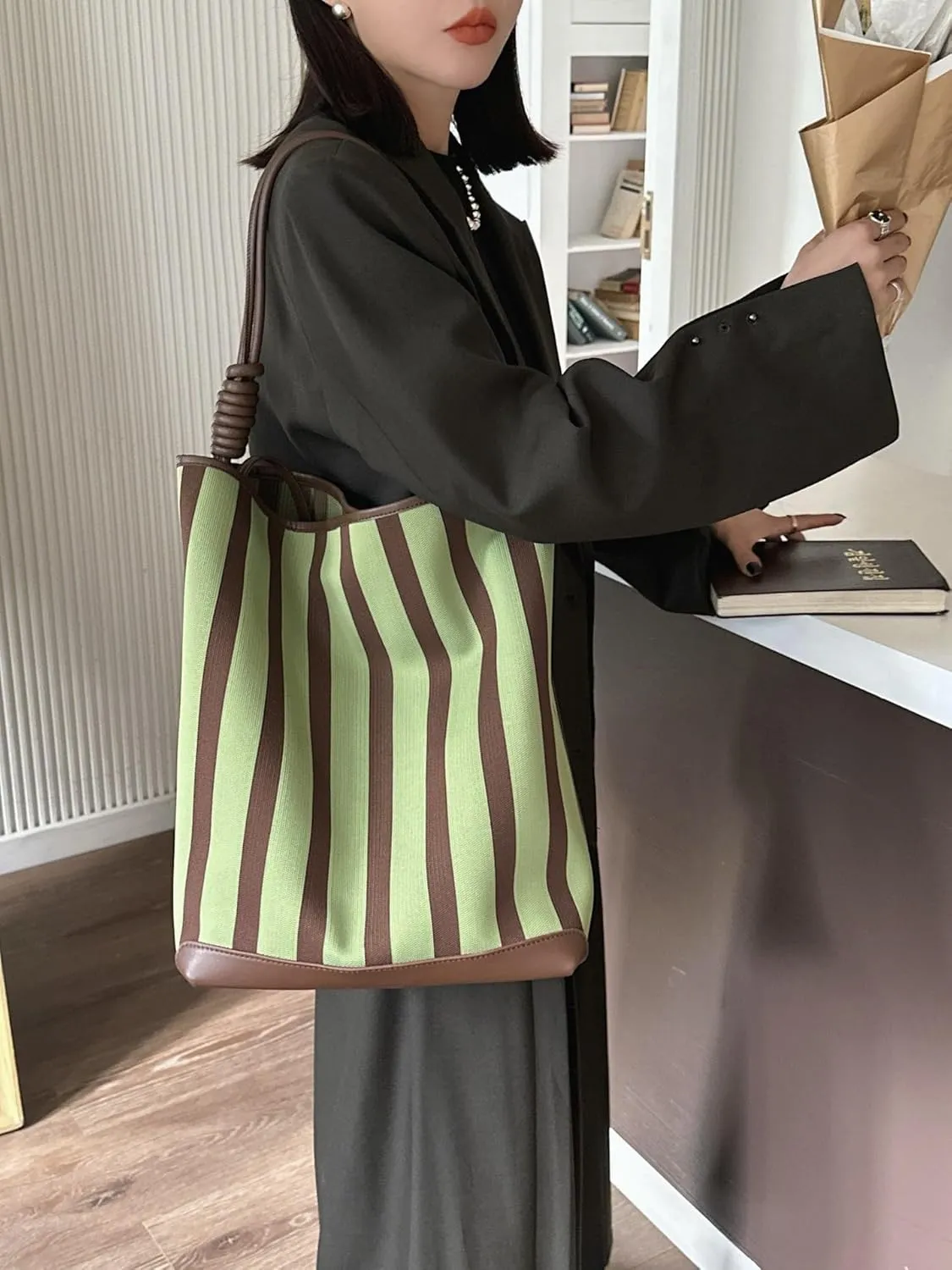 Leather Women's Bag Striped Totes Summer Canvas Cowhide Fashion Large Capacity Shoulder Bucket Bag Vacation Casual