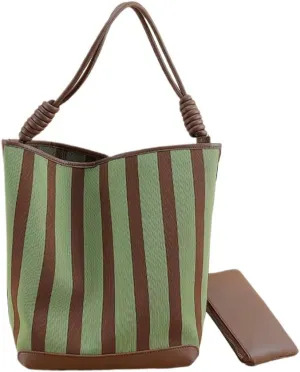 Leather Women's Bag Striped Totes Summer Canvas Cowhide Fashion Large Capacity Shoulder Bucket Bag Vacation Casual