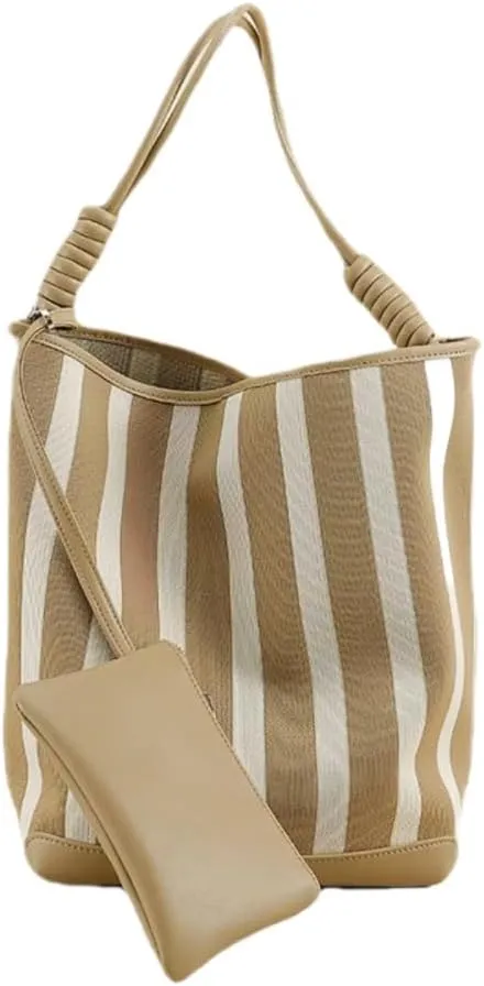 Leather Women's Bag Striped Totes Summer Canvas Cowhide Fashion Large Capacity Shoulder Bucket Bag Vacation Casual