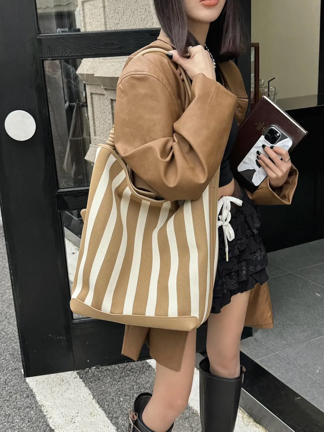 Leather Women's Bag Striped Totes Summer Canvas Cowhide Fashion Large Capacity Shoulder Bucket Bag Vacation Casual