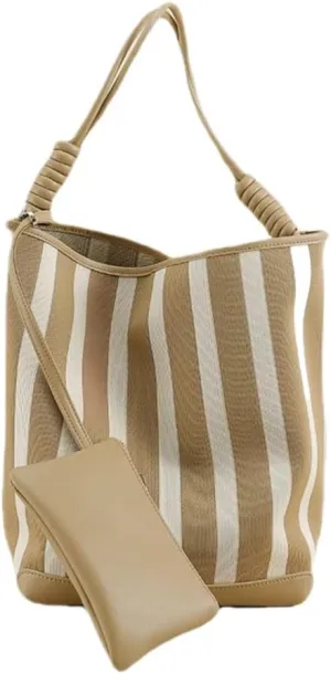 Leather Women's Bag Striped Totes Summer Canvas Cowhide Fashion Large Capacity Shoulder Bucket Bag Vacation Casual