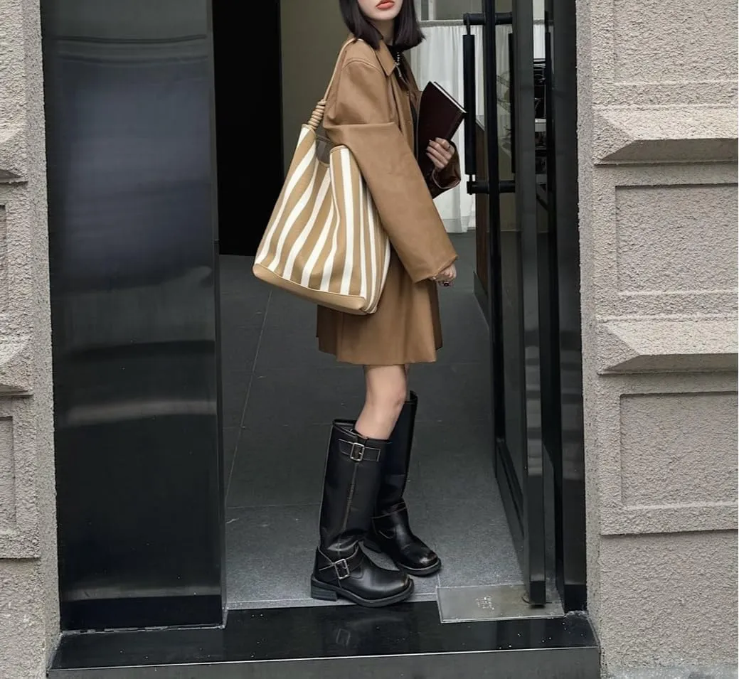 Leather Women's Bag Striped Totes Summer Canvas Cowhide Fashion Large Capacity Shoulder Bucket Bag Vacation Casual
