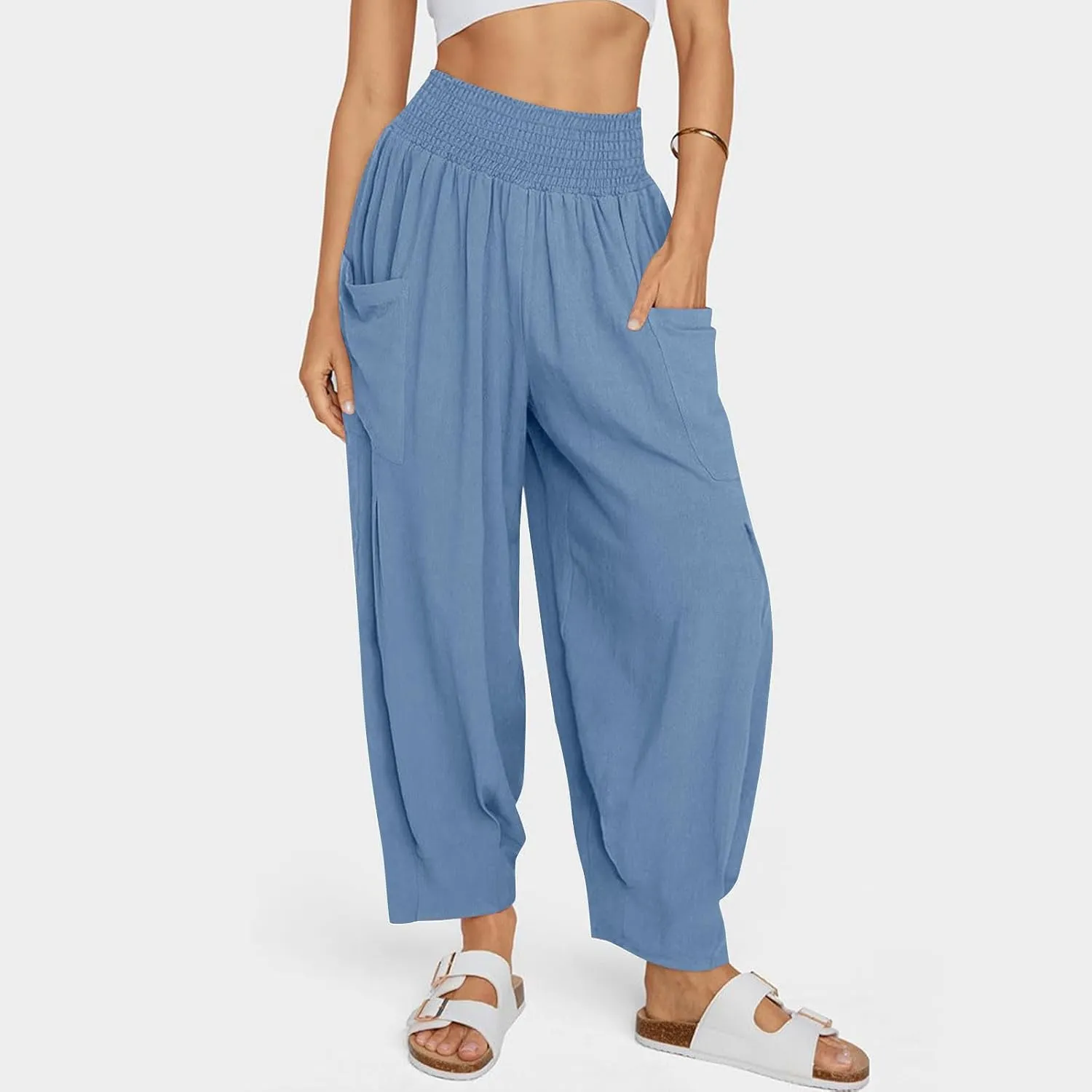 Linen Pants Women High Waisted Wide Leg Pants Summer Trendy Harem Pants Casual Loose Fit Pants Trousers with Pockets