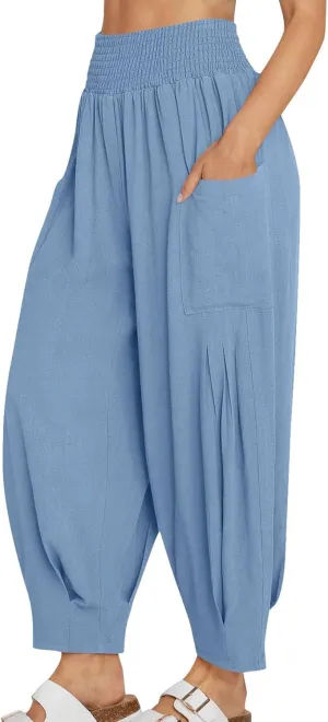 Linen Pants Women High Waisted Wide Leg Pants Summer Trendy Harem Pants Casual Loose Fit Pants Trousers with Pockets
