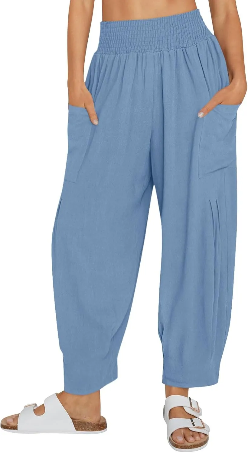Linen Pants Women High Waisted Wide Leg Pants Summer Trendy Harem Pants Casual Loose Fit Pants Trousers with Pockets
