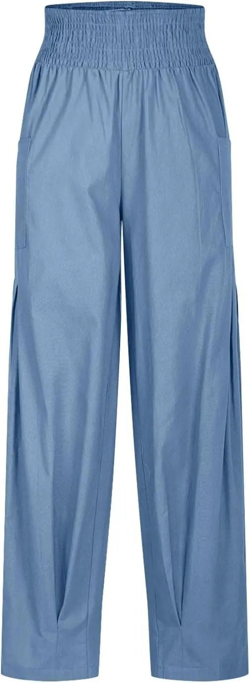 Linen Pants Women High Waisted Wide Leg Pants Summer Trendy Harem Pants Casual Loose Fit Pants Trousers with Pockets