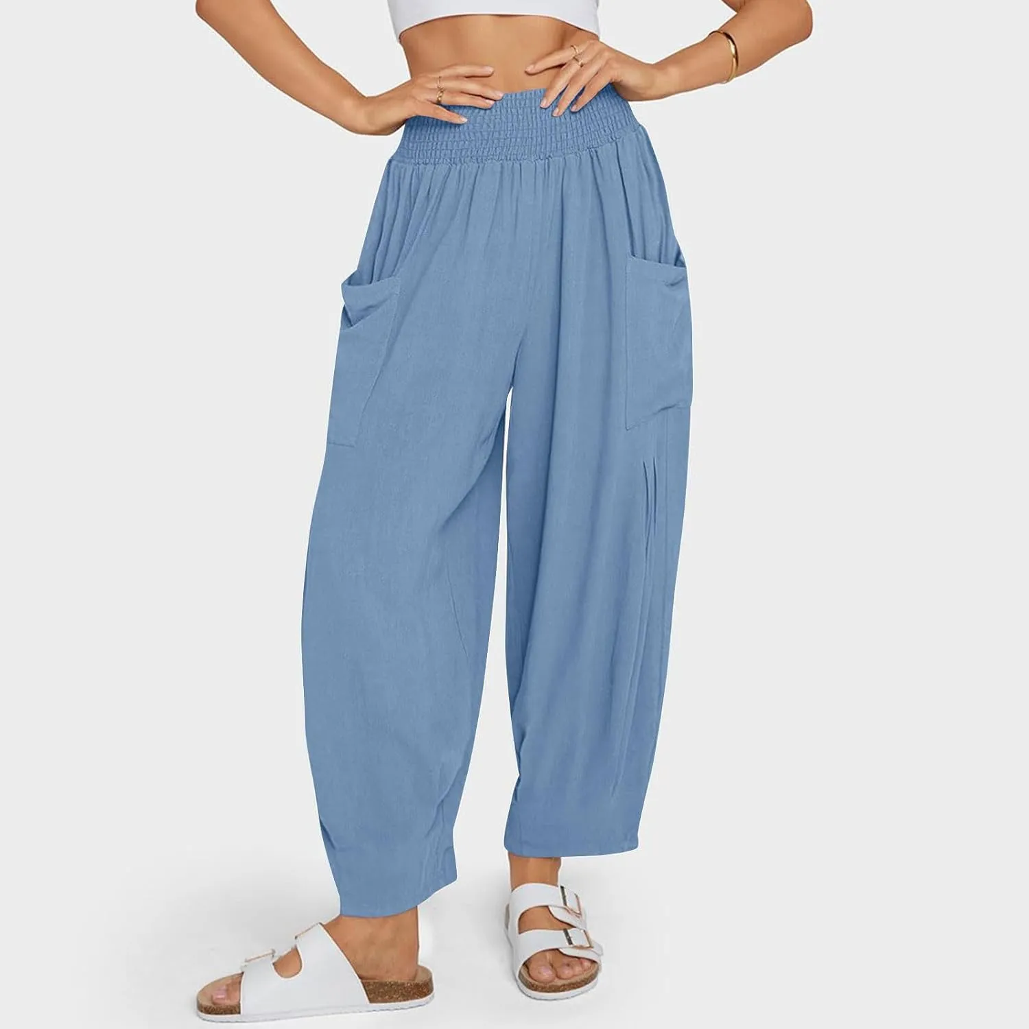 Linen Pants Women High Waisted Wide Leg Pants Summer Trendy Harem Pants Casual Loose Fit Pants Trousers with Pockets